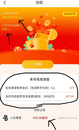 赏金榜全民分红可以分多少钱？小白蜀黍1月份分到了92元